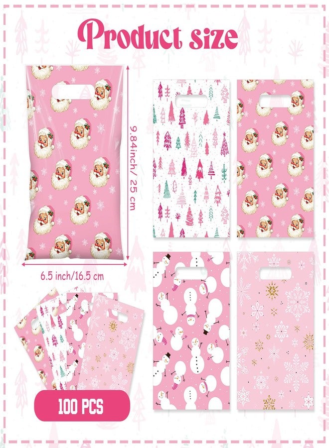 Blosssound Pieces Pink Christmas Treat Bags Bulk - Snowman Snowflakes Santa Claus Plastic Xmas Bags for Winter Holiday Christmas Party Favors Goodie Candy Packing Supplies (100 Pcs) - Image 2
